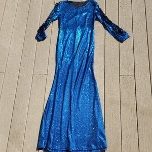 (L) NWT Sparkling Long Sleeve Blue Dress Glam New Years Cosplay Prom Grad Fancy
